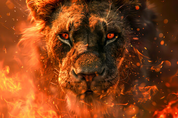 Wall Mural - A lion with red eyes and a fiery mane. The lion is surrounded by fire, giving the image a dramatic and intense mood