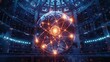 © Justlight - Inside the main dome of the Electron Cloud Observatory a large glowing model of an atom dominates the room displaying the complex structure of electron clouds.