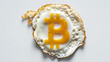  A fried egg with the yolk replaced by a 3D Bitcoin symbol, representing the integration of cryptocurrency into everyday concepts.