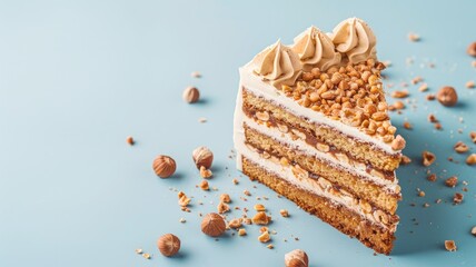 Wall Mural - Slice of hazelnut cake with cream layers and nuts on blue background