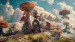 A whimsical train ride chugging through a fantasy landscape.
