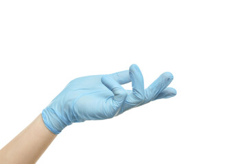 Wall Mural - Doctor wearing light blue medical glove holding something on white background, closeup