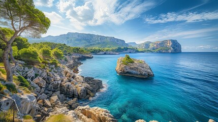 Wall Mural - Idyllic sea view of the Mediterranean Sea Spain, at the coastline of Majorca island, Balearic Islands.