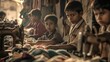 A group of children working in a sweatshop, their small hands laboring over intricate crafts