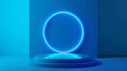 Poster - Empty blue podium floating in the air with blue neon ring on background. Generative Ai