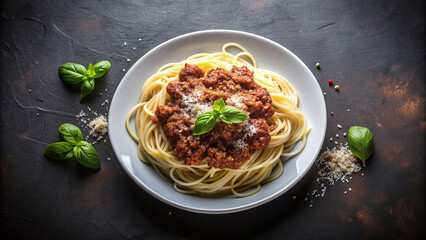 Plate of spaghetti bolognese, with delicious tomato and meat sauce served on a dark backgrounds