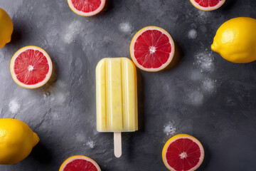 Vanilla yellow popsicle with fresh lemon and grapefruit slices and leaves on a grey background. Flat lay, top view, copy space. Natural homemade lemon icecream. Summer concept for banner, poster, web