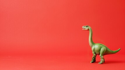 Wall Mural - Green plastic dinosaur toy on vibrant red background