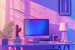 Modern workspace with computer, lamp, and plants on desk, bathed in pink and purple light from window