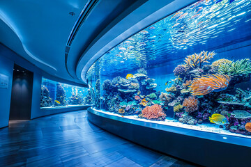 Wall Mural - Modern aquarium museum zoo interior design, tropical fish tank, architecture