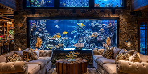 Wall Mural - Aquarium fish tank home interior design, mansion, marine sea theme, fantasy architecture, luxury, wide banner