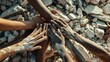 A group of diverse hands reaching out to rebuild a collapsed structure, symbolizing collective effort and solidarity in rebuilding communities after disaster strikes
