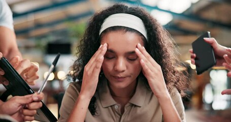 Canvas Print - Woman, headache and stress with chaos, pressure or anxiety in depression, deadline or mental health at office. Tired female person or busy employee in frustration from workload, colleagues or tasks