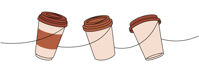 Wall Mural - Coffee takeaway cups one line colored continuous drawing. Hand drawn elements for cafe menu, coffee shop. Vector linear illustration.