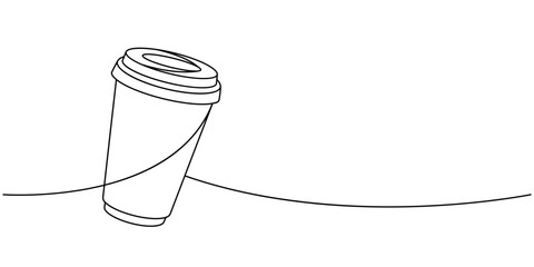 Wall Mural - Coffee takeaway cup one line continuous drawing. Hand drawn elements for cafe menu, coffee shop. Vector linear illustration.