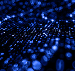 Wall Mural - Binary matrix background. Falling digits on dark backdrop. Running random numbers. Abstract data concept. Blue futuristic cyberspace.