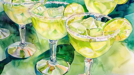 Artistic watercolor showing close-up of clinking margarita glasses, lime wedges and salt rims highlighted, evoking a lively celebration