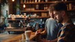 © Justlight - A man standing at a coffee bar attentively watching as a skilled barista prepares a latte art design on top of his drink.