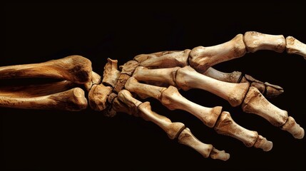 Panoramic close-up view of a human hand's skeletal structure, highlighting both intrinsic and extrinsic bones, ideal for anatomical study