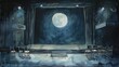 Moody watercolor of a vacant stage under moonlight, empty chairs and a quiet backdrop evoking a sense of expectancy and mystery