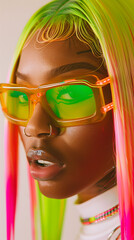 Wall Mural - A close-up photo showcases an African American woman with neon pink and blue hair, donning an oversized green shirt and yellow frame glasses. She holds her face in front of the camera