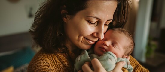 portrait of a mother hugging her newborn baby. love concept