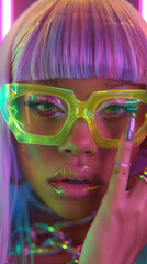 Wall Mural - A close-up photo showcases an African American woman with neon pink and blue hair, donning an oversized green shirt and yellow frame glasses. She holds her face in front of the camera