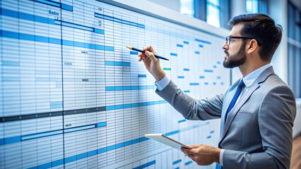 A businessman engages with a large interactive digital screen to manage schedules and tasks, showing productivity and organization