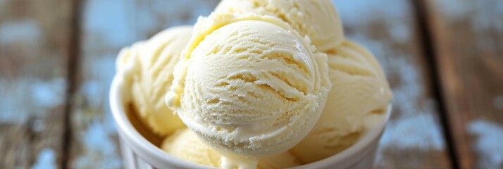 Wall Mural - Bowl of vanilla ice cream scoops on wooden background.