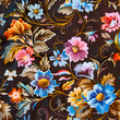 seamless floral background, Silk fabric texture dark brown with bright floral pattern. Fragment of colorful retro tapestry textile pattern with floral ornament useful as background