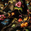 flowers on black, Silk fabric texture dark brown with bright floral pattern. Fragment of colorful retro tapestry textile pattern with floral ornament useful as background