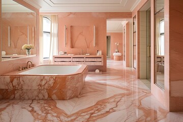 Wall Mural - High End Luxury Bathroom with Marble and Pink Tones with Soaking Tub