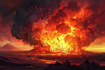 Wall Mural - explosive volcanic eruption with lava and ash dramatic landscape digital painting
