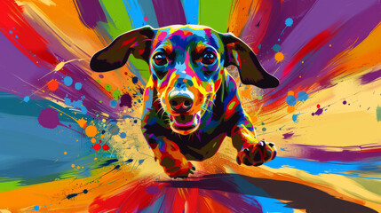 Wall Mural - dachshund dog running toward camera in colorful pop art comic style painting illustration.