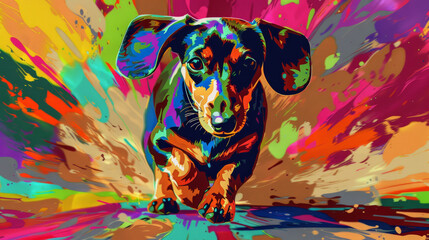 dachshund dog running toward camera in colorful pop art comic style painting illustration.