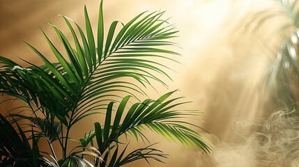 The image shows a beautiful green palm tree in a bright room