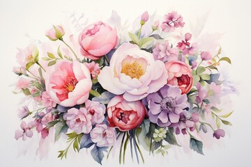 Watercolor artwork of a dreamy bouquet of garden roses and peonies, capturing the essence of a special summer wedding on a serene white canvas ,  fresh and clean look