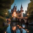 A whimsical fairy tale castle surrounded by a moat with a drawbridge and towers5