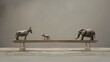 A seesaw with donkey and elephant figurines at opposite ends, balanced precariously in the center