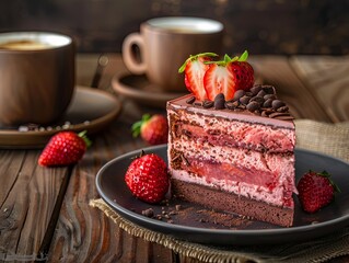 a piece of strawberry cake with chocolate and strawberries on the side AI Generative