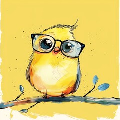 Poster - Cute Cartoon Owl with Glasses on Yellow Background Illustration