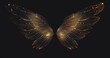 A black background with two golden wings made of dots, symmetrical composition, minimalist style, and soft lighting create an elegant atmosphere