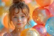 Cute little girl smiles kindly among colorful balloons. For design, print, card, poster, flyer, advertising, with place for text. Concept of children, happy childhood and international children's day