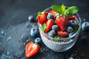 healthy indulgence chia seed pudding with fresh blueberries and strawberries food photography