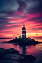 Wall Mural - twilight tranquility. A lighthouse in the middle of a small rocky island, no trees. A tugboat on the harbour. 
Psychedelic colors, wet plate photography, tilt shift effect