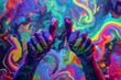 Contemporary minimalistic art collage in neon bold colors with hands showing thumbs up Like sign surrealism creative wallpaper Psychedelic design pattern Template with space for te
