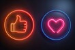 Vector neon icon set for social media Thumb up and heart illuminated glowing symbol in circle frame isolated on black Emoticon element of UI design for web, promotion, advertisment