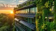 A building with solar panels, placed on a slope, against a sunset sky, creates an eco-friendly landscape. AIG41