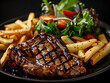 Close up of steak with chips and salad on black plate