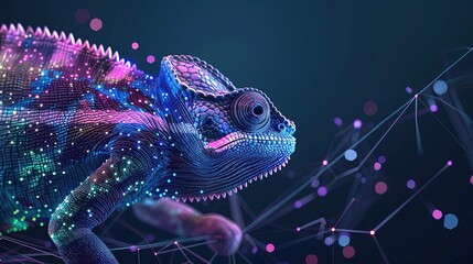 Wall Mural - Digital chameleon in neon colors. Big data visualization. Information aesthetic design. Animal learning. Generative AI